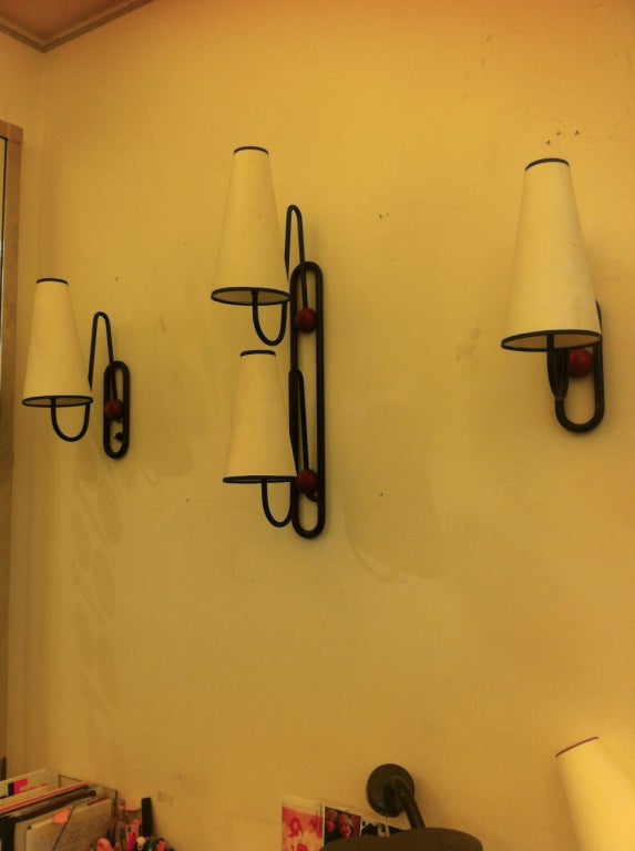 Jean Royere Rare Set of 3 Ball Sconces in Red and Black Metal 3