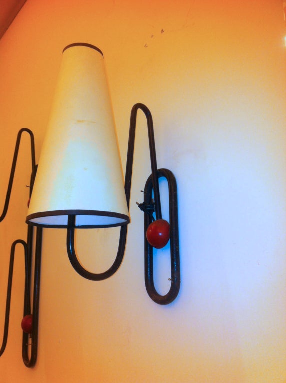 Jean Royere Rare Set of 3 Ball Sconces in Red and Black Metal 5