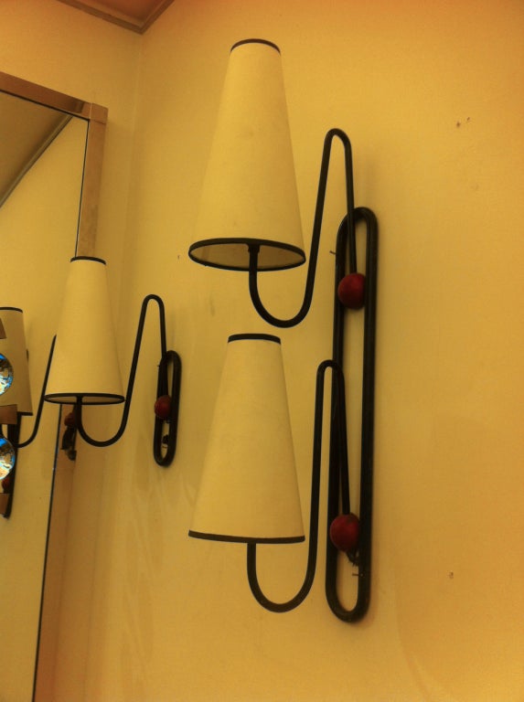 Jean Royere Rare Set of 3 Ball Sconces in Red and Black Metal 6