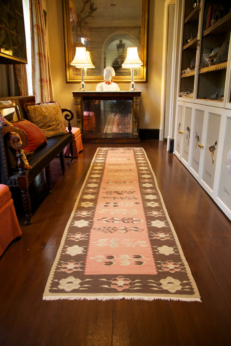 19th Century Pink and Brown Kilim Runner from Bulgaria
