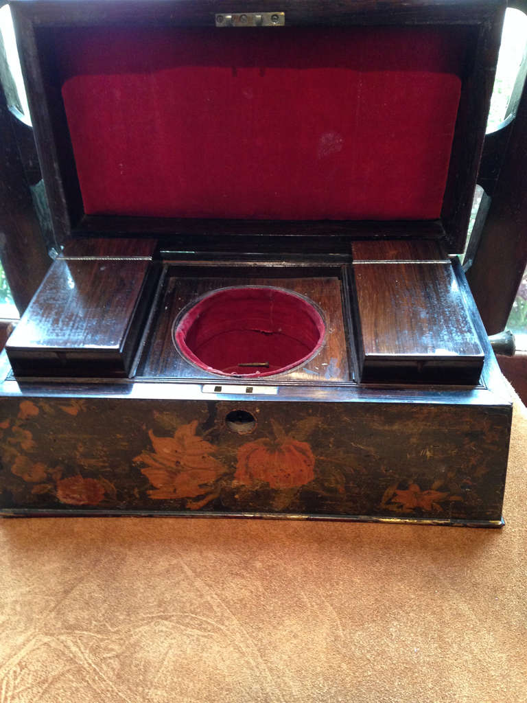 Painted English Victorian Tea Caddy with Original Fittings and Lined in Velvet In Good Condition For Sale In Savannah, GA