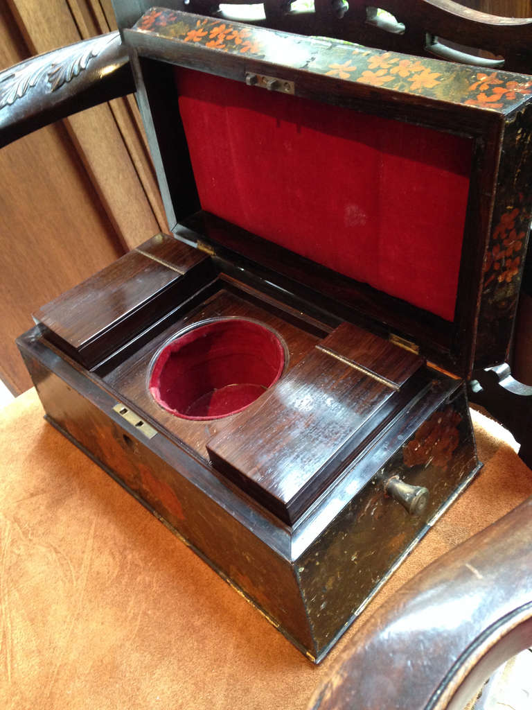 19th Century Painted English Victorian Tea Caddy with Original Fittings and Lined in Velvet For Sale