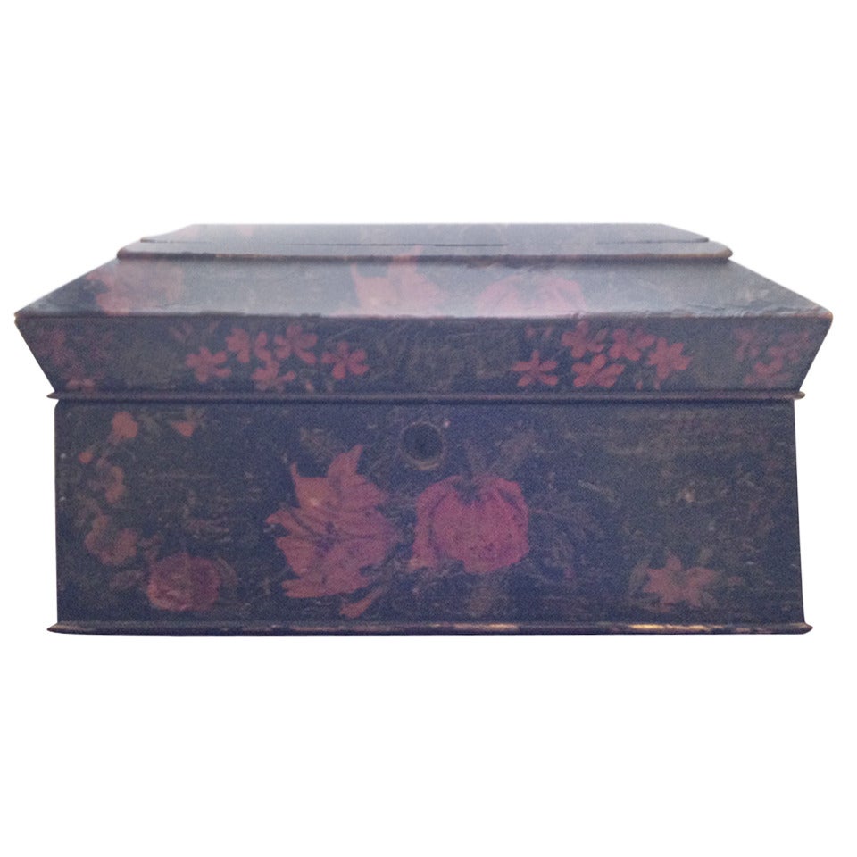 Painted English Victorian Tea Caddy with Original Fittings and Lined in Velvet For Sale