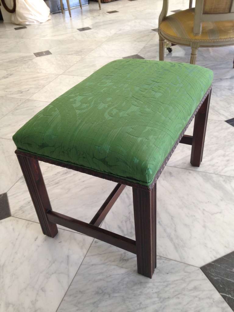 American Mahogany English Chippendale Style Stool Upholstered in Green Brocade For Sale