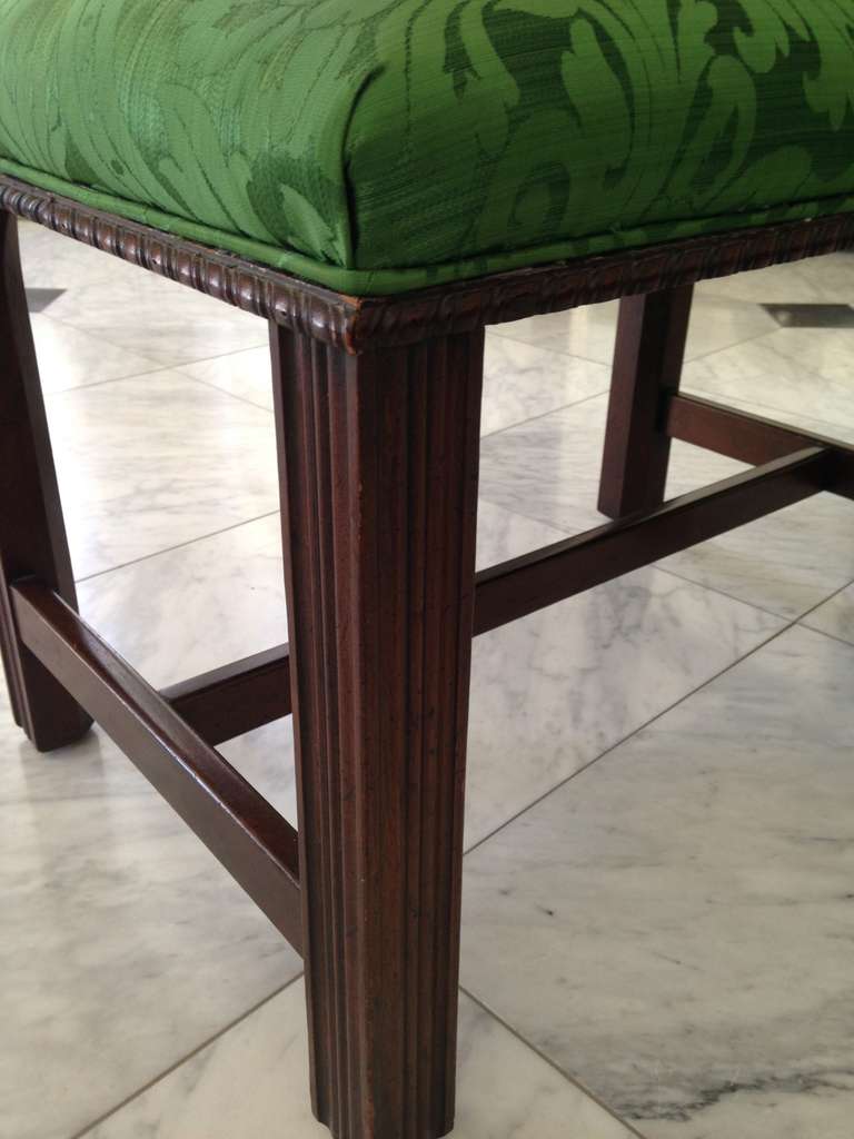 Mahogany English Chippendale Style Stool Upholstered in Green Brocade In Excellent Condition For Sale In Savannah, GA