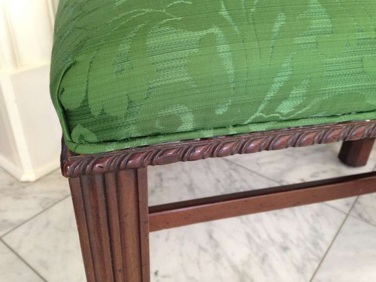 Mahogany English Chippendale Style Stool Upholstered in Green Brocade For Sale 1