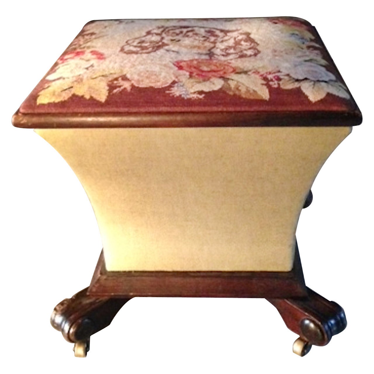 King Charles Spaniel Petit Point Ottoman Box, Mahogany Base, Brass Casters For Sale