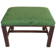 Mahogany English Chippendale Style Stool Upholstered in Green Brocade