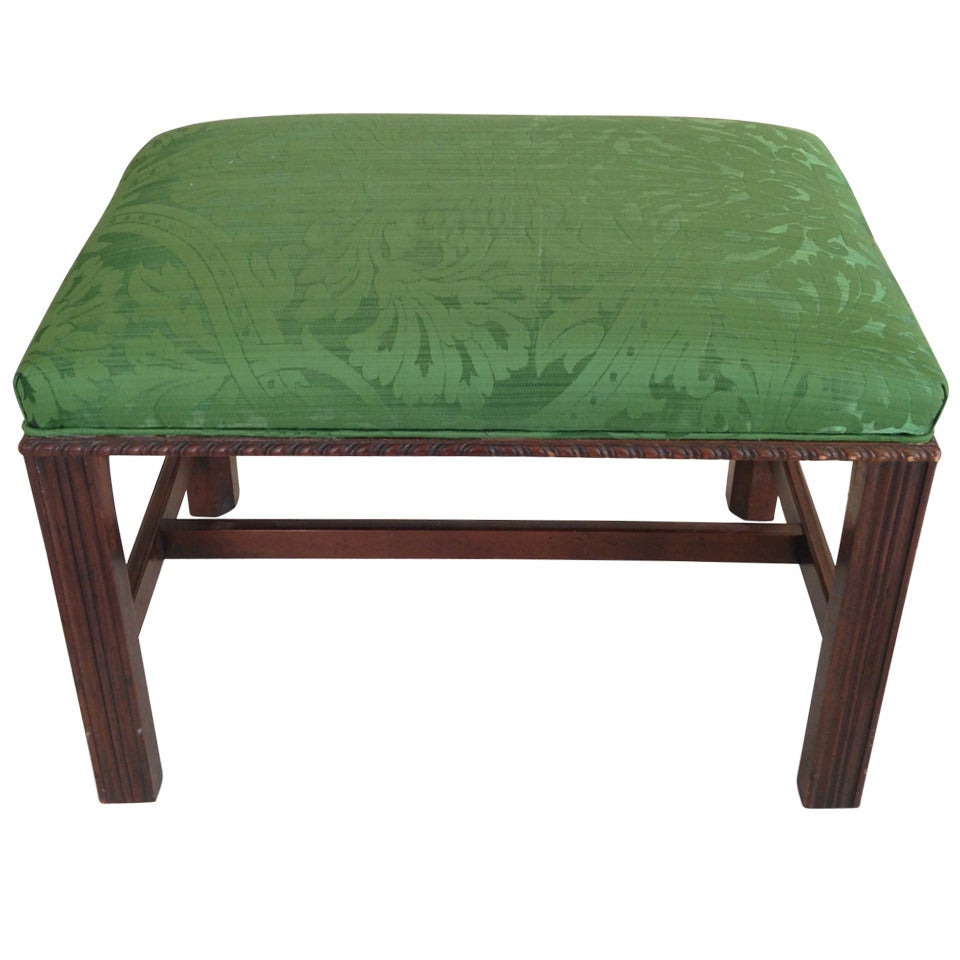 Mahogany English Chippendale Style Stool Upholstered in Green Brocade For Sale