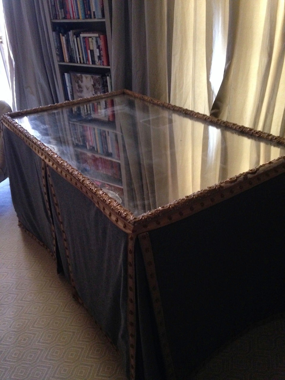 19th Century Wool Felt and Gold Braid Skirted Dressing Table with Antique French Mirror Top For Sale