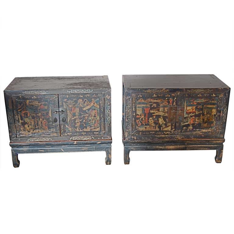 Pair Asian Painted Trunks on Stands
