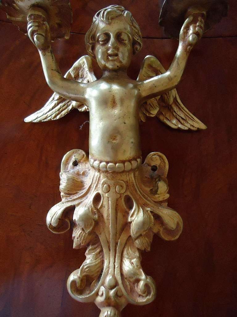 Rococo Revival Pair of Bronze Doré Putti Two-Arm Sconces For Sale