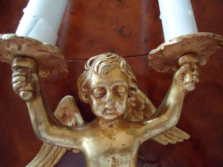 French Pair of Bronze Doré Putti Two-Arm Sconces For Sale