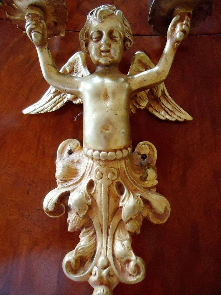 Pair of Bronze Doré Putti Two-Arm Sconces In Excellent Condition For Sale In Savannah, GA