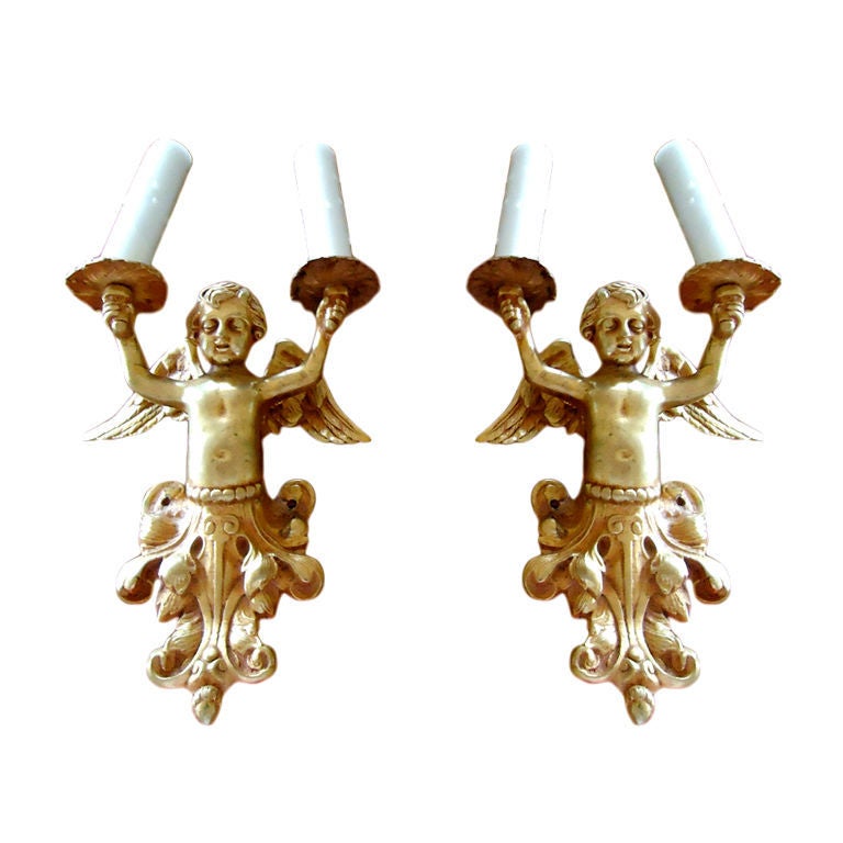 Pair of Bronze Doré Putti Two-Arm Sconces For Sale