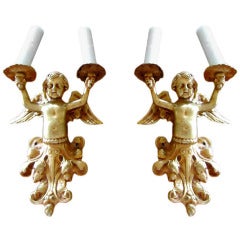 Pair of Bronze Doré Putti Two-Arm Sconces