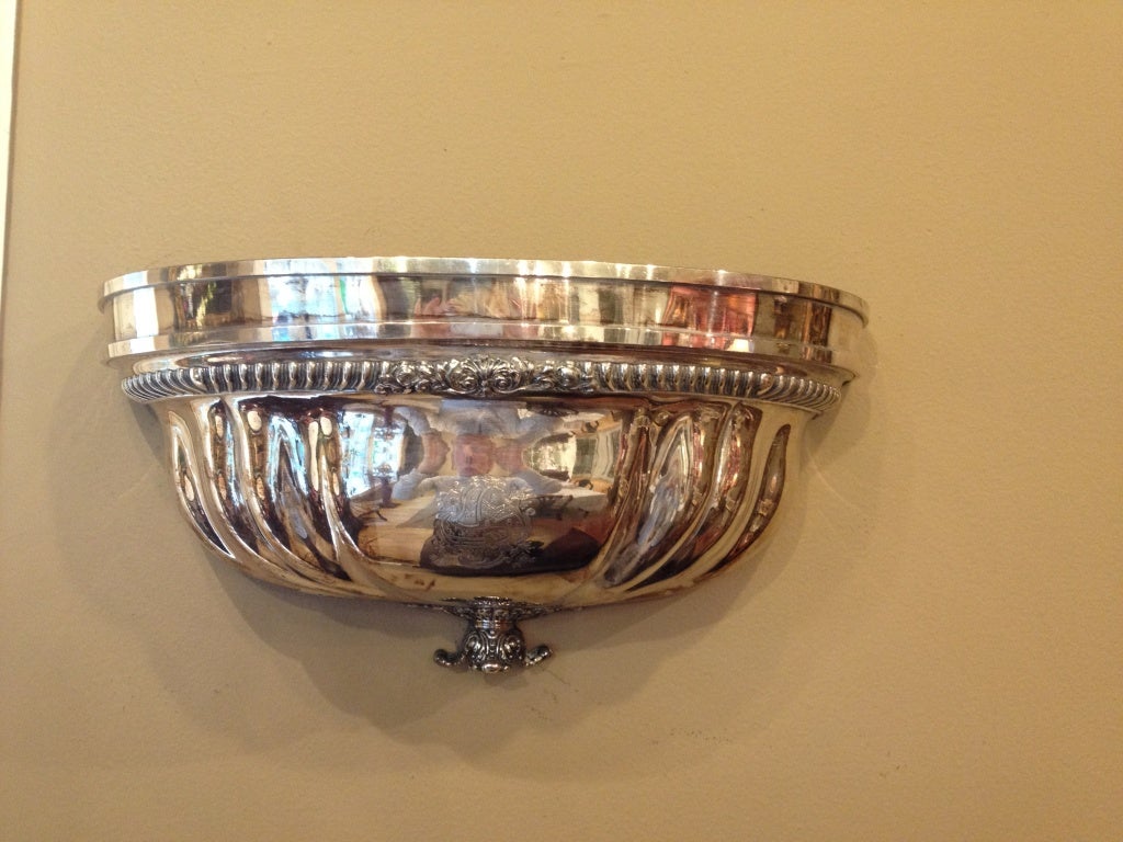 One pair of Sheffield meat domes cut in two parts to hang on wall with flowers or greens. This is a fine example with fluting and an attractive crown at the base. Monogrammed.