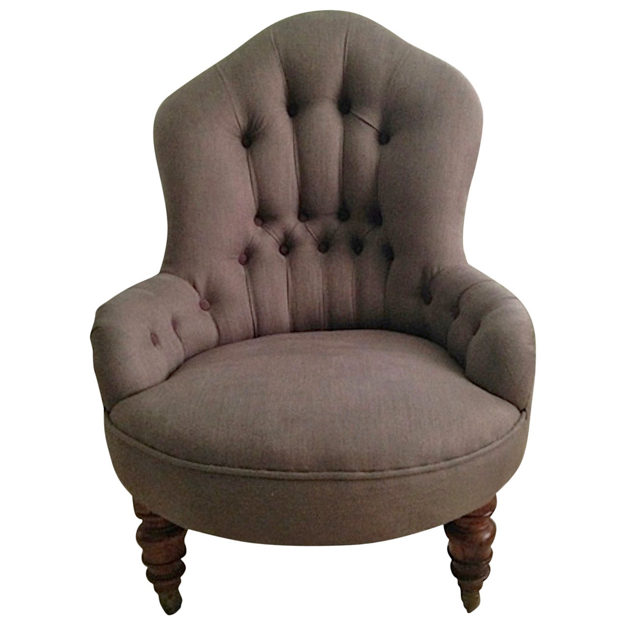 19th Century English Edwardian Nursing or Fireside Slipper Chair, Belgian Linen For Sale