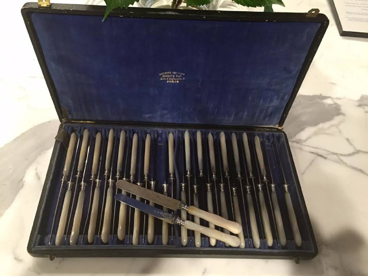 34 Silver and Mother-of-Pearl French  Fruit Knives in Original Stamped Box Paris For Sale 1