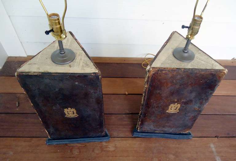 British Pair of Oxford University Leather Bookboard Lamps For Sale