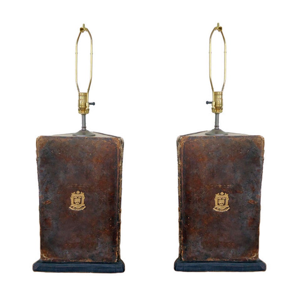 Pair of Oxford University Leather Bookboard Lamps For Sale