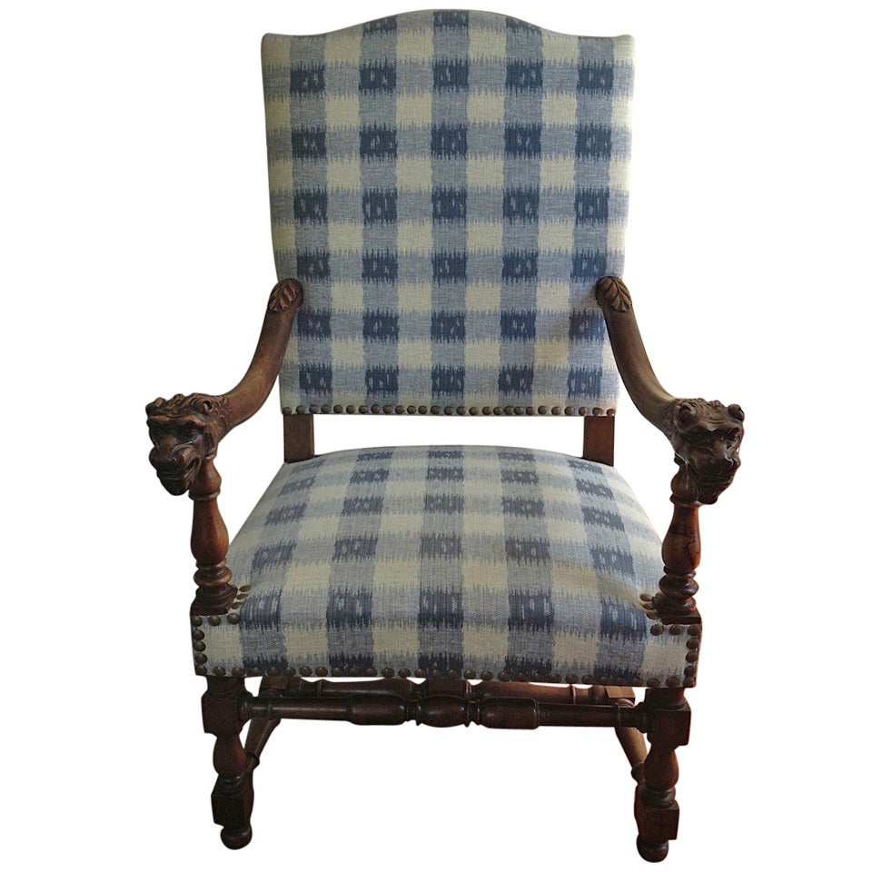 Walnut French Armchair in Brunschwig Fabric For Sale