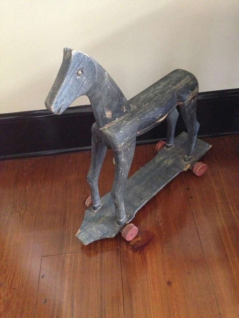 Brass Primitive French Carved Toy Horse For Sale