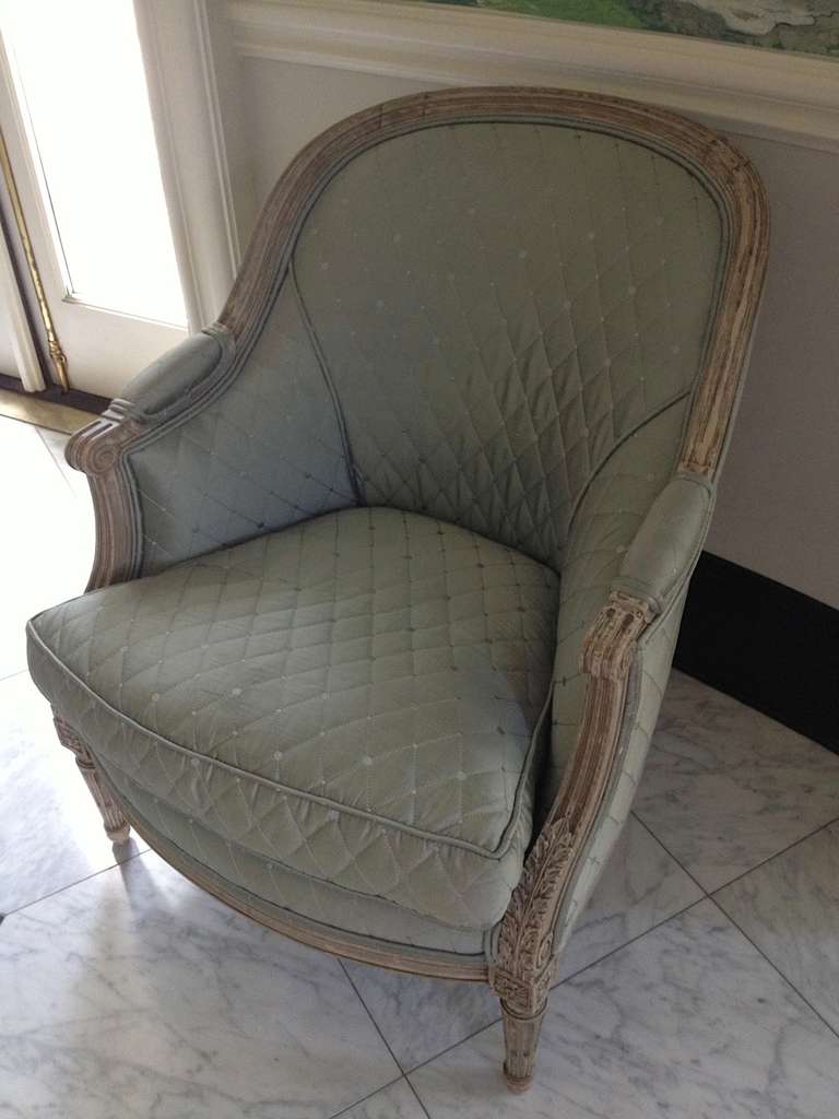 Pair 19th C. French Bergeres upholstered in blue/grey satin, citron satin backs