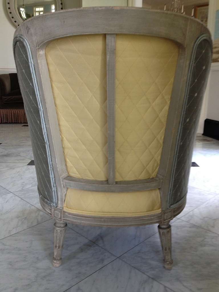 Pair 19th C. French Bergeres upholstered in blue/grey satin, citron satin backs For Sale 1