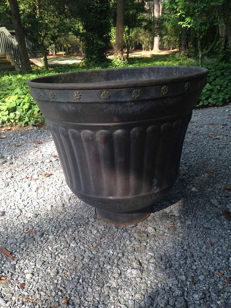 Pair large tole Indian urns or planters with fluted sides and brass rosettes.
These have been used as outdoor planters and also as table bases (see photo).