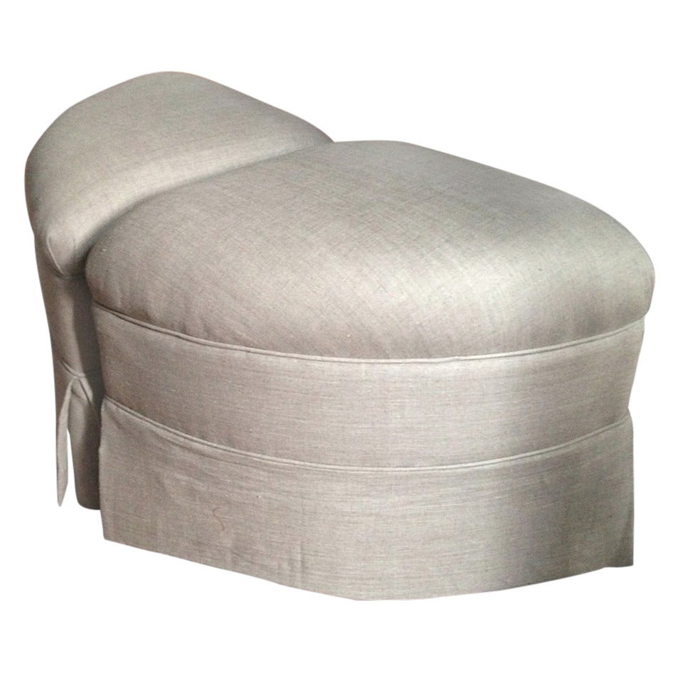 Pair of Crescent-Shape Ottomans on Casters Upholstered in Belgium Linen For Sale