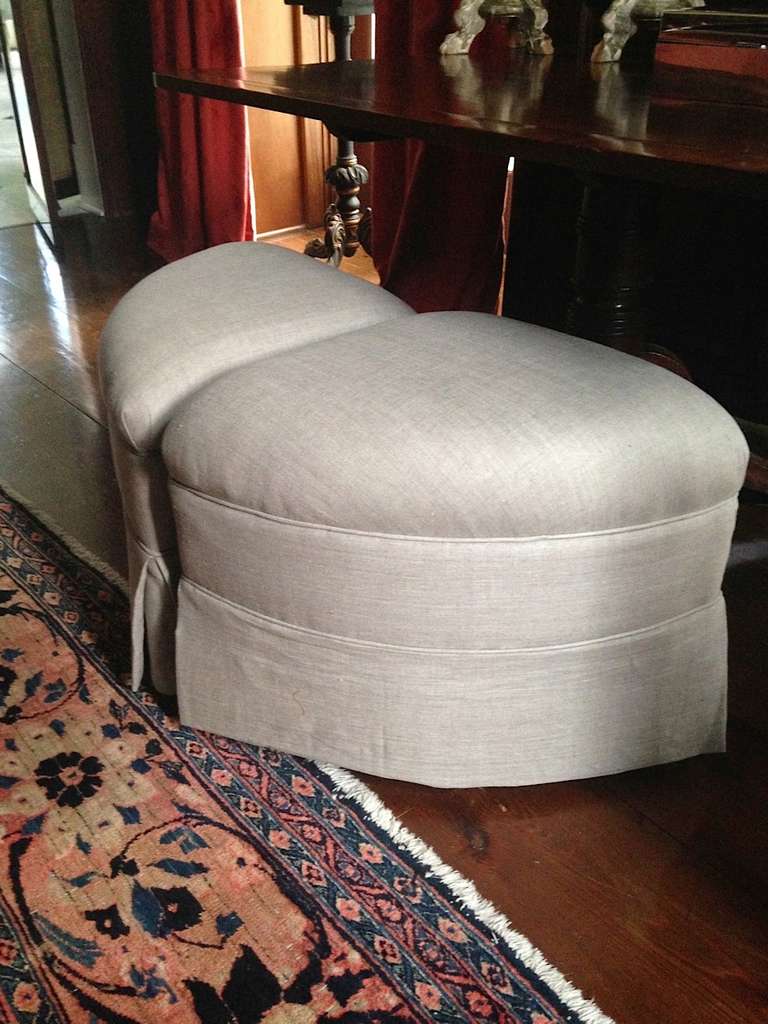 Pair of Crescent-Shape Ottomans on Casters Upholstered in Belgium Linen