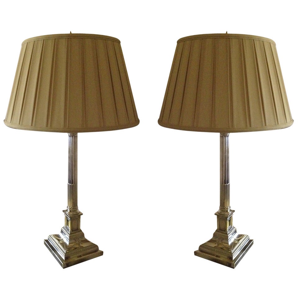 Pair of English Corinthian Column Silver Lamps For Sale