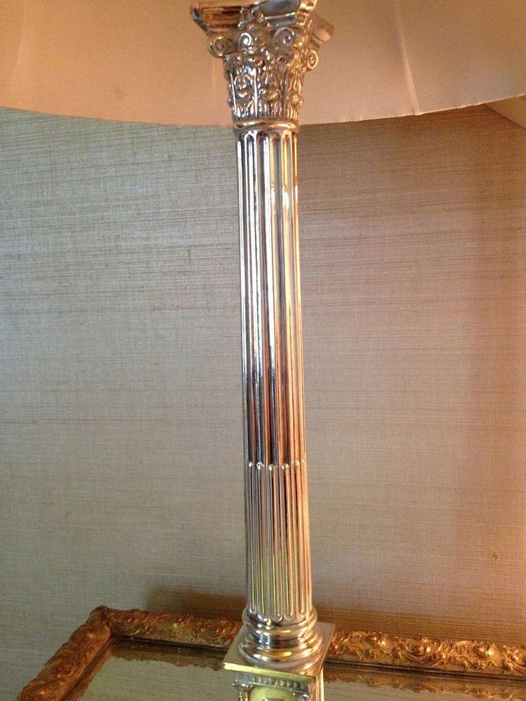 British Pair of English Corinthian Column Silver Lamps For Sale