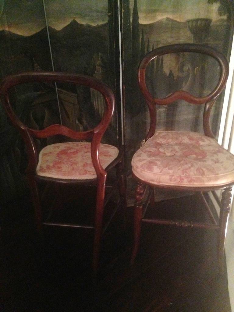 Fabric Pair of Mahogany Balloon-Back Chairs/Bennison Seats For Sale