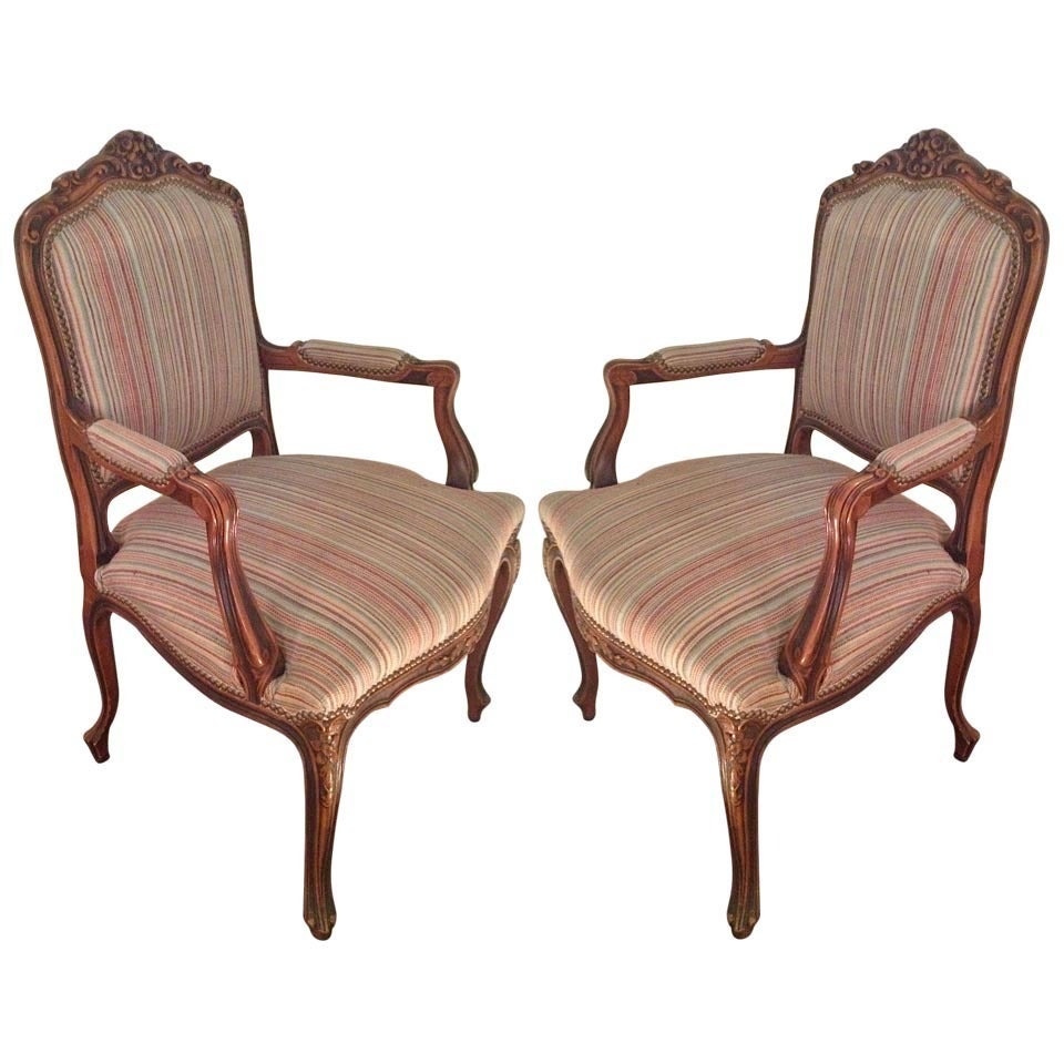 Pair of French Walnut Upholstered Armchairs For Sale