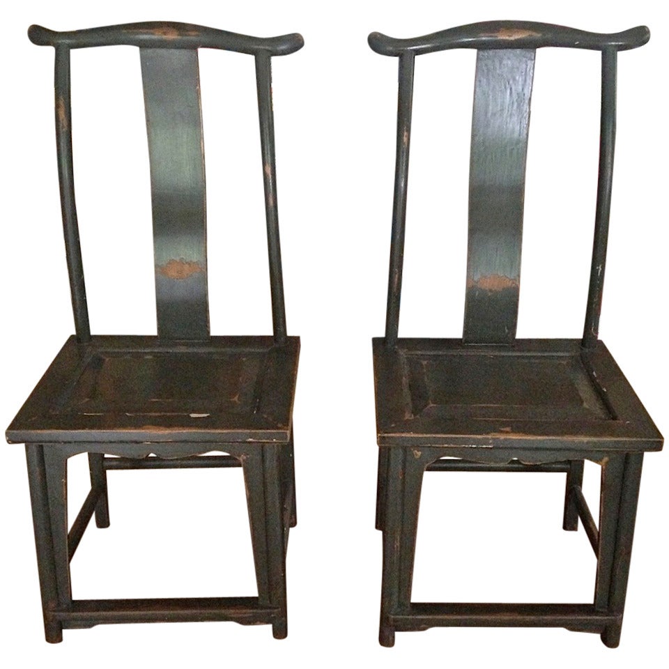 Pair of Chinese Yoke-Back Painted Wood Side Chairs For Sale