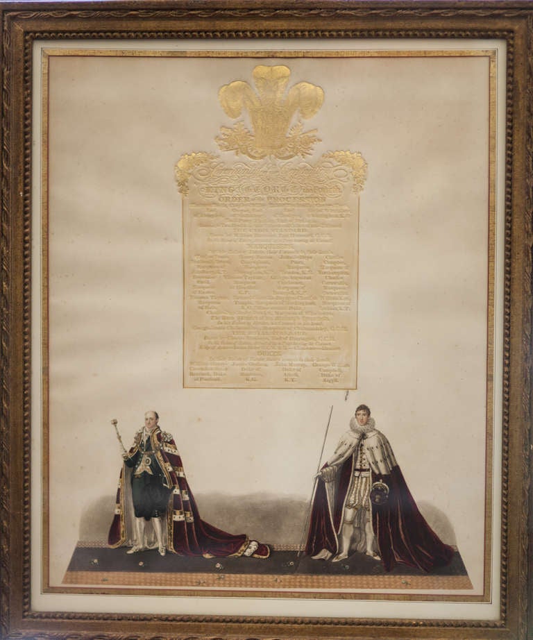 Ceremonial prints of the Coronation of King George IV (1762-1830) Prince Regent from 1811 and crowned 1820. He reigned from 1820-1830.
Painted, enameled, gilded in 24-karat gold leaf, handcolored. One print details The Homage and The Holy Sacrament