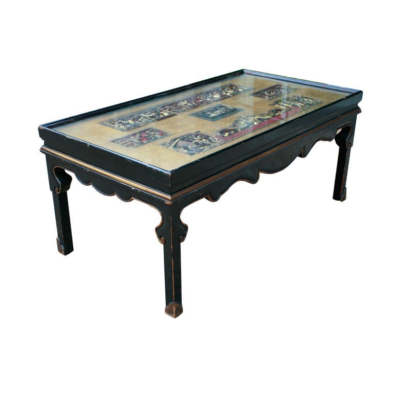 Chinese Screen Cocktail Table with Lacquer Base For Sale