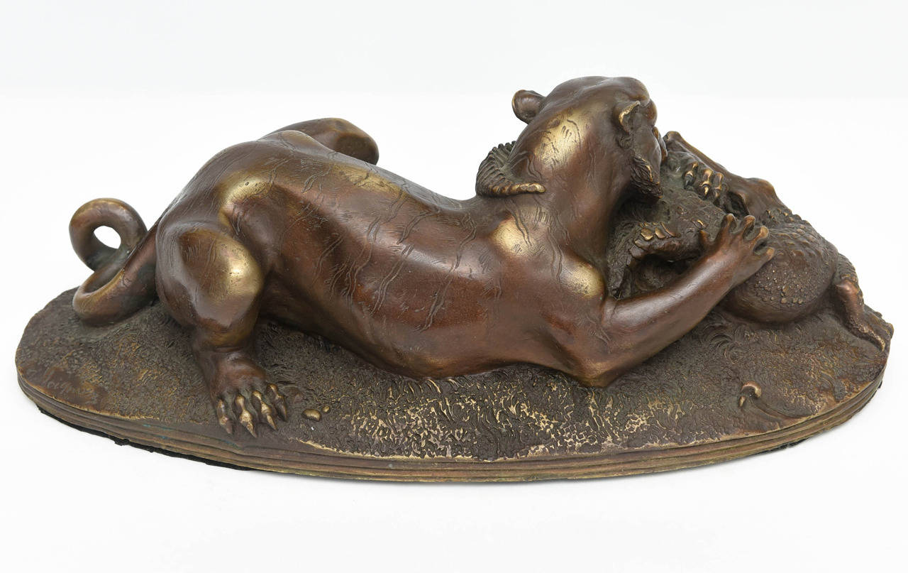 French Patinated Bronze Cougar and Crocodile, 19th Century by Jules Moigniez In Excellent Condition In Hollywood, FL