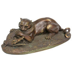 French Patinated Bronze Cougar and Crocodile, 19th Century by Jules Moigniez