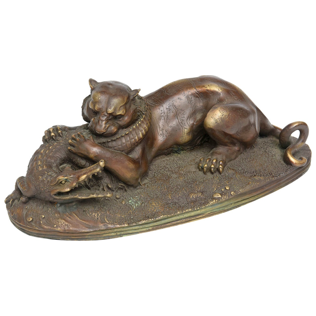 French Patinated Bronze Cougar and Crocodile, 19th Century by Jules Moigniez