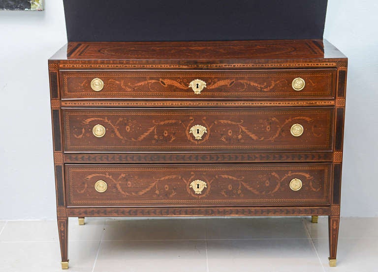 Neoclassical Fine Pair of Italian Neoclassic Marquetry and Parquetry Inlaid Commodes For Sale
