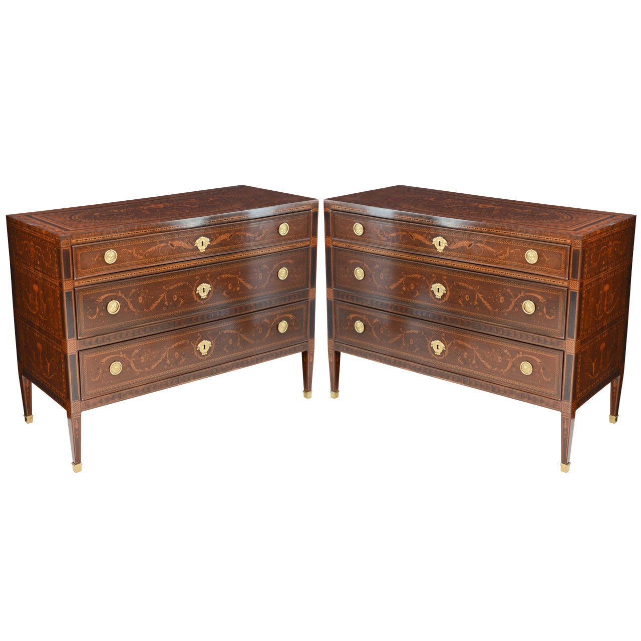 Fine Pair of Italian Neoclassic Marquetry and Parquetry Inlaid Commodes For Sale