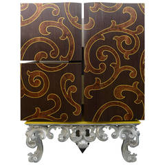 Italian Rococo Style Marquetry and Silver Leaf Three-Door Cabinet on Base
