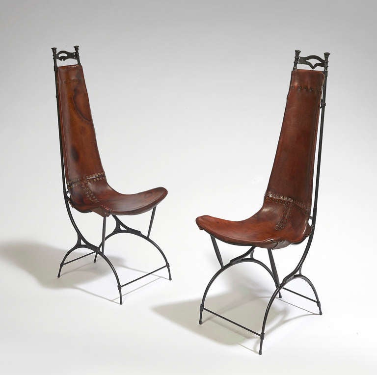 Set of eight chairs with high back
Bronze structure 
Brown patina leather
Stamped on the back