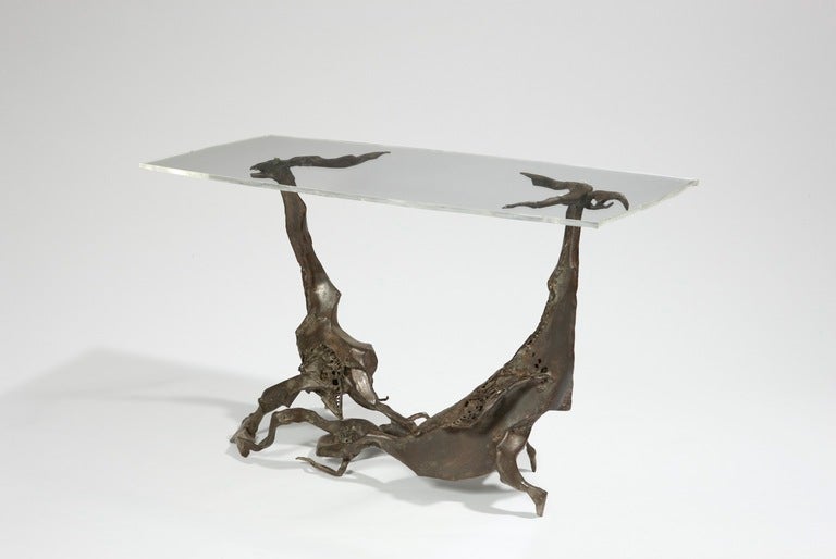 Sculptural console with 2 stylised dragons legs
Signed
Origin : private command from 1977 - Unique piece