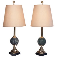 Green Marble Table Lamps, Pair