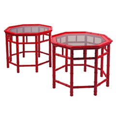 Red Lacquered Octogonal Side Tables, Pair