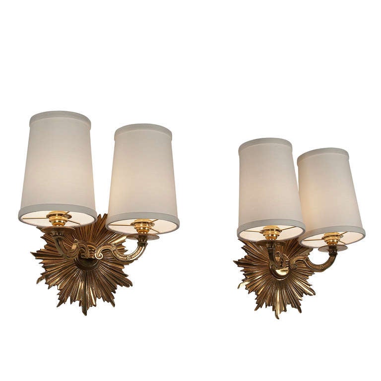 Dore Bronze Sunburst Sconces, Pair